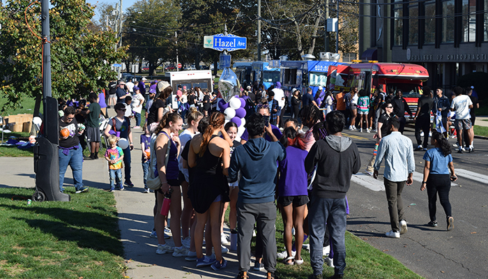 UB alum with the Purple Knight mascot