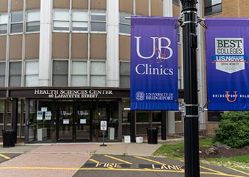 exterior of the Health Sciences building with UB Clinics signage