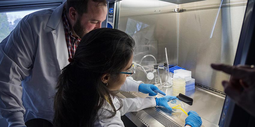 A student in a lab with a professor while earning her biology degree in CT