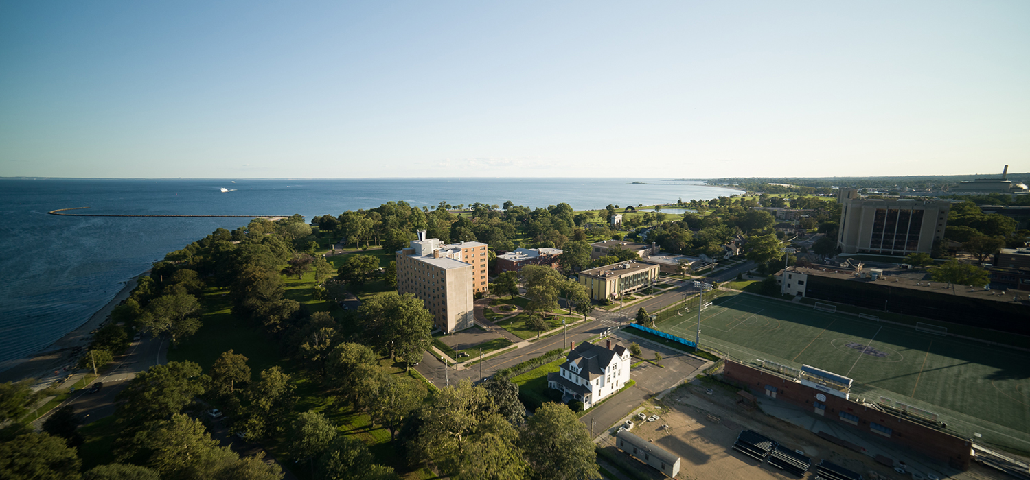 Drone image of University of Bridgeport&rsquo;s coastal New England campus