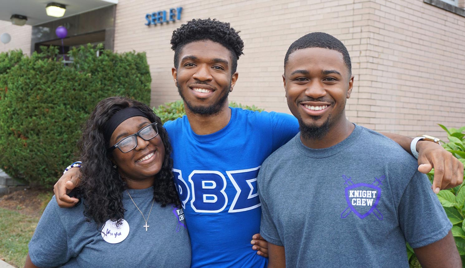 University of Bridgeport Orientation Leaders outside Seeley Hall