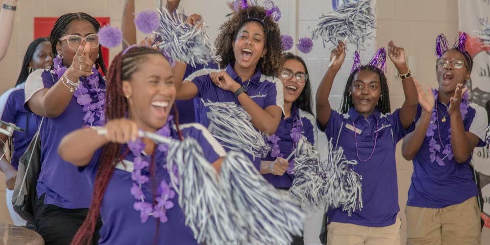 University of Bridgeport Orientation Leaders outside Seeley Hall