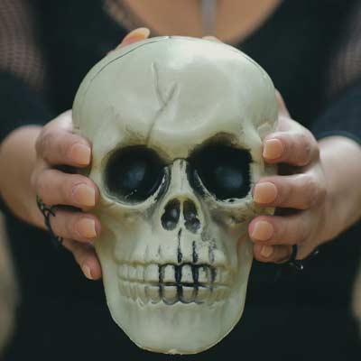hands holding out a fake skull