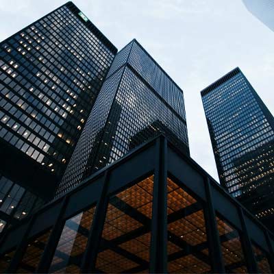 view looking up at city skyscrapers