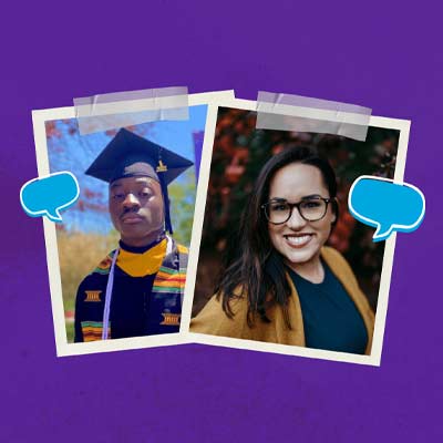 headshots of two students with speech bubbles