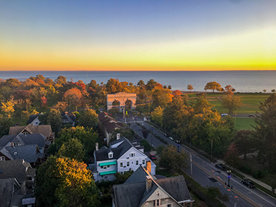 Birds eye view of campus at sunset