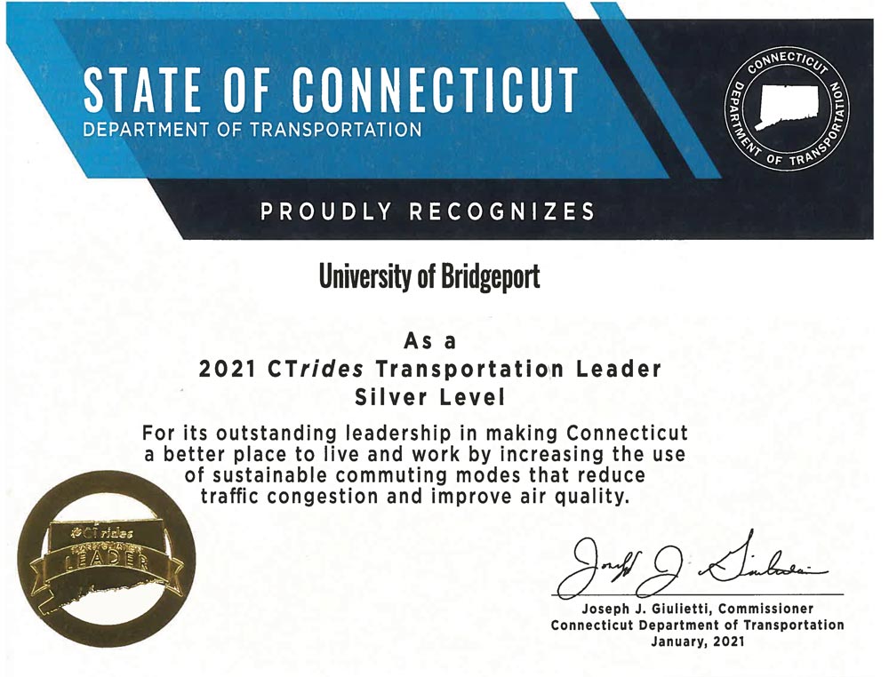 State of CT DOT proudly recognizes UB as a 2021 CTrides Transportation Leader Silver Level